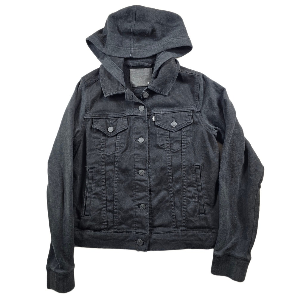 Levis Hybrid Hooded Denim Trucker Jacket Womens Medium Black Cotton Blend